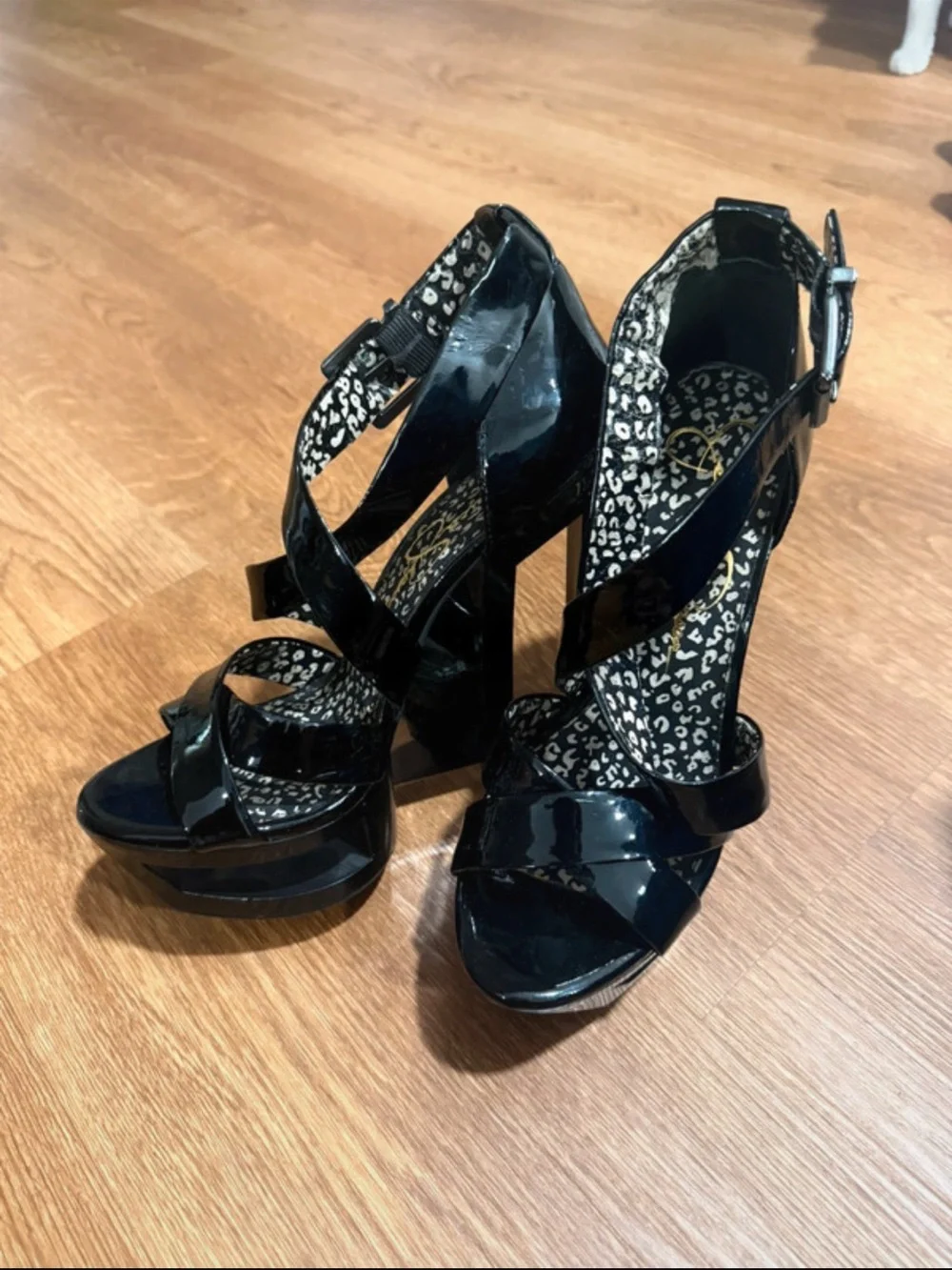 Jessica Simpson Black Patent Platform Strappy Heels